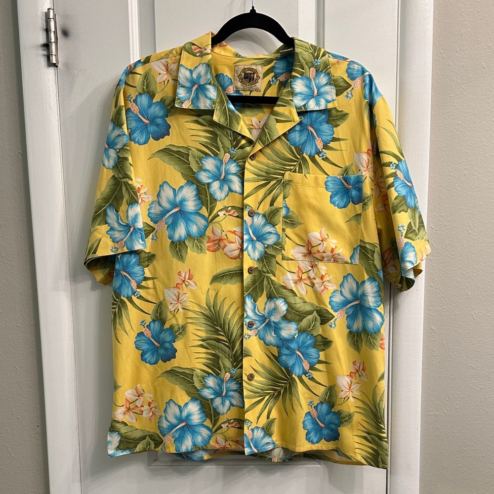 Pusser’s West Indies Men M Tropical Yellow Floral Aloha Shirt silk blend
